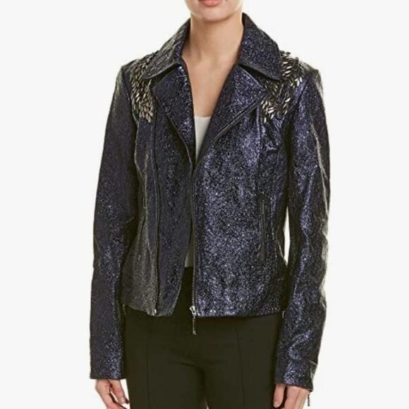ELIE TAHARI WOMENS MAE LAMB LEATHER METALLIC Moto jacket size XL NEW $1798 MSRP - Picture 7 of 16